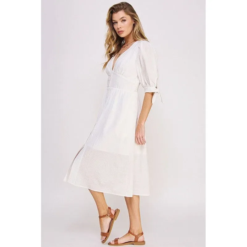 3/4 PUFF SLV TEXTURE VNECK BUTTON DOWN MIDI DRESS