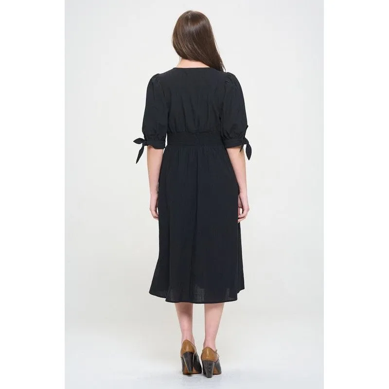 3/4 PUFF SLV TEXTURE VNECK BUTTON DOWN MIDI DRESS