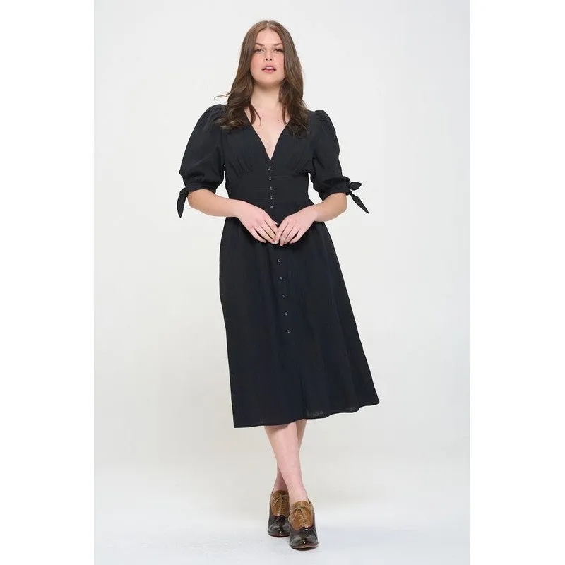 3/4 PUFF SLV TEXTURE VNECK BUTTON DOWN MIDI DRESS