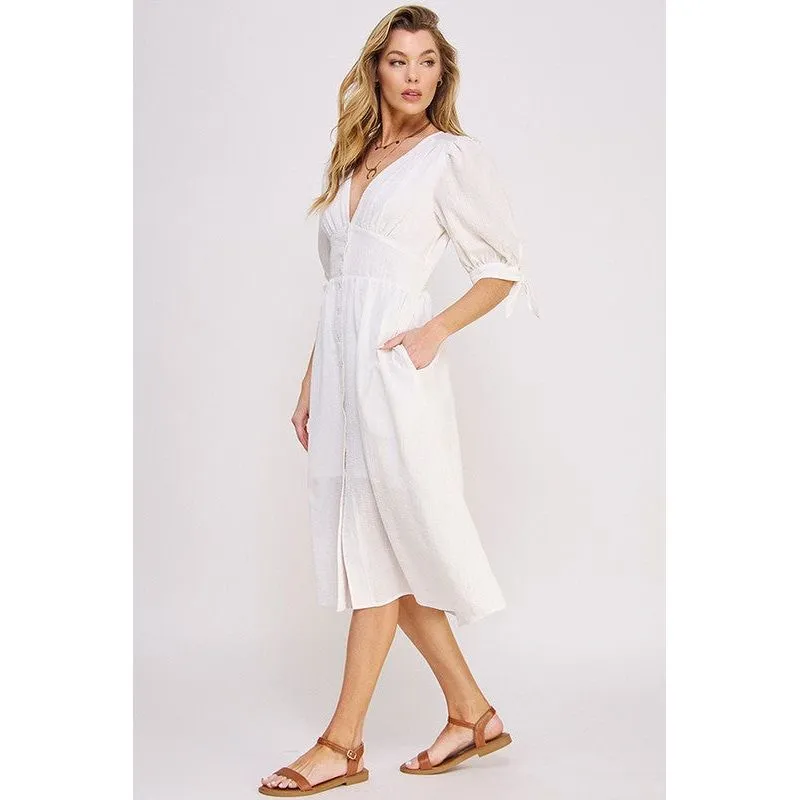 3/4 PUFF SLV TEXTURE VNECK BUTTON DOWN MIDI DRESS