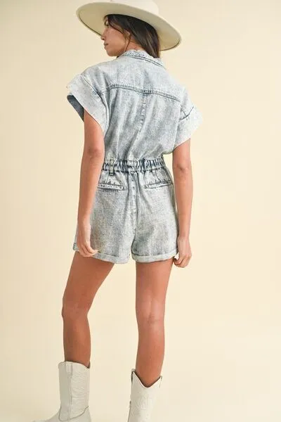 Annie Wear Women's Denim Romper with Short Sleeves and Elastic Waistband