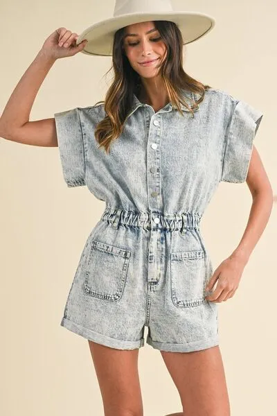 Annie Wear Women's Denim Romper with Short Sleeves and Elastic Waistband