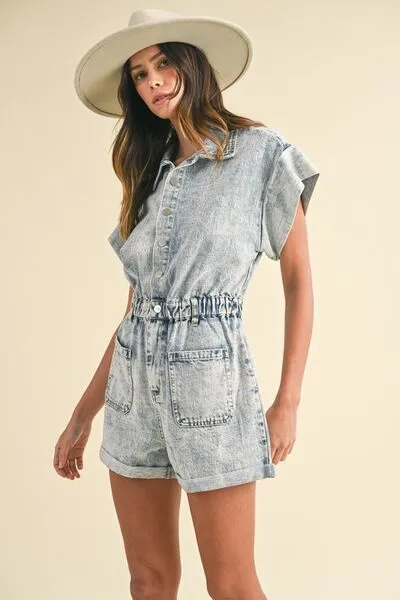 Annie Wear Women's Denim Romper with Short Sleeves and Elastic Waistband
