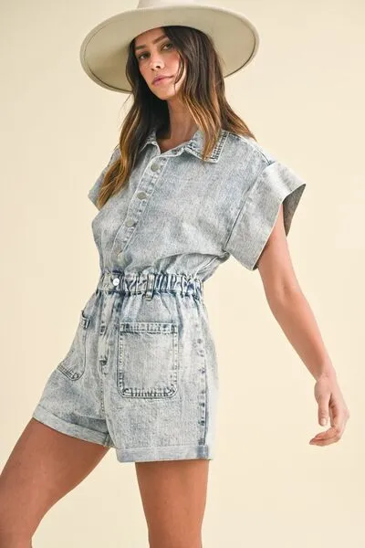 Annie Wear Women's Denim Romper with Short Sleeves and Elastic Waistband