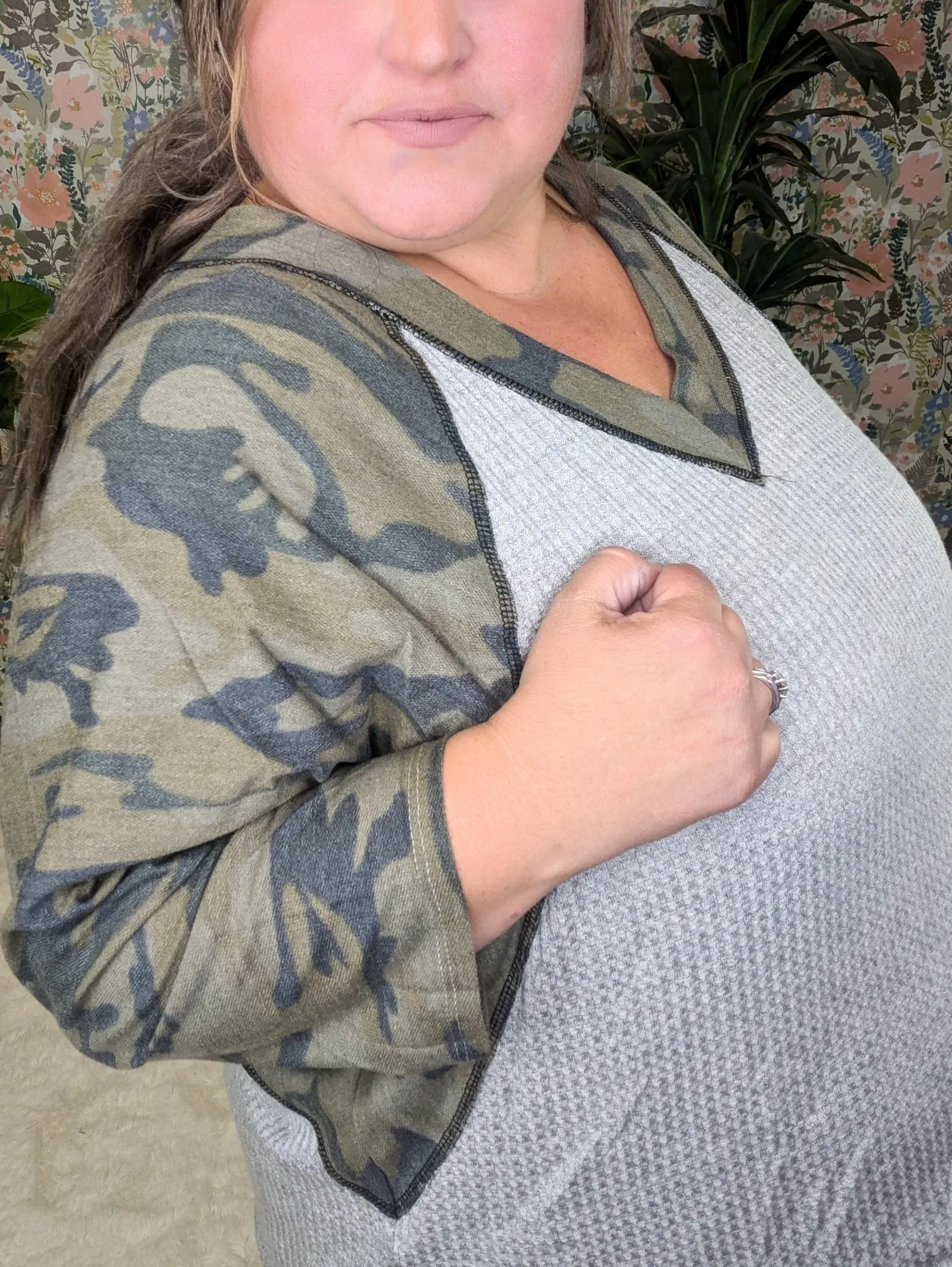 Avril Vneck Camo Sleeve Dolman w/Gray Waffle Body