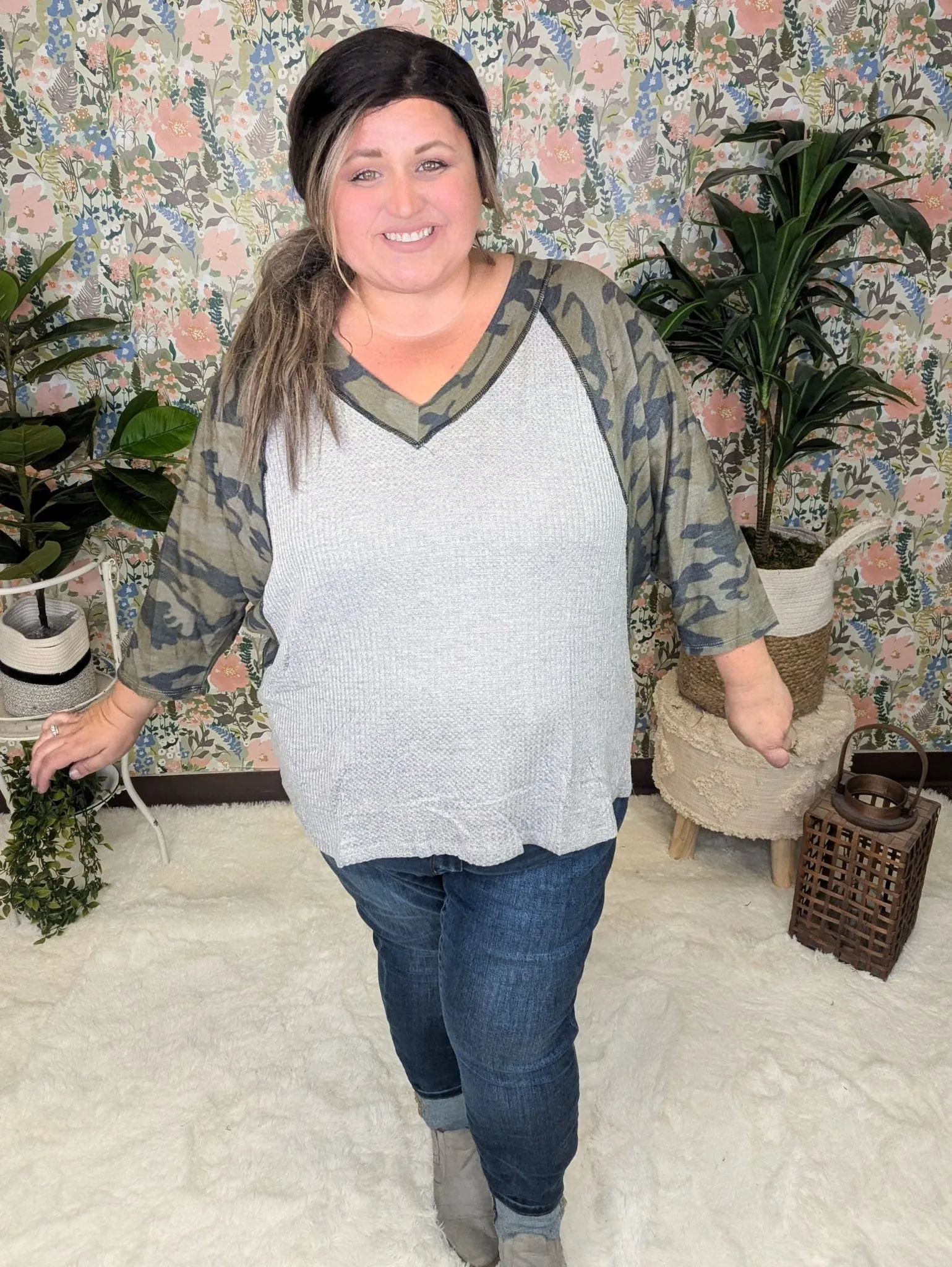 Avril Vneck Camo Sleeve Dolman w/Gray Waffle Body