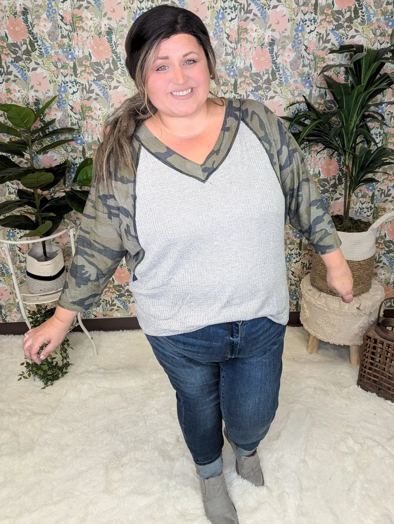 Avril Vneck Camo Sleeve Dolman w/Gray Waffle Body