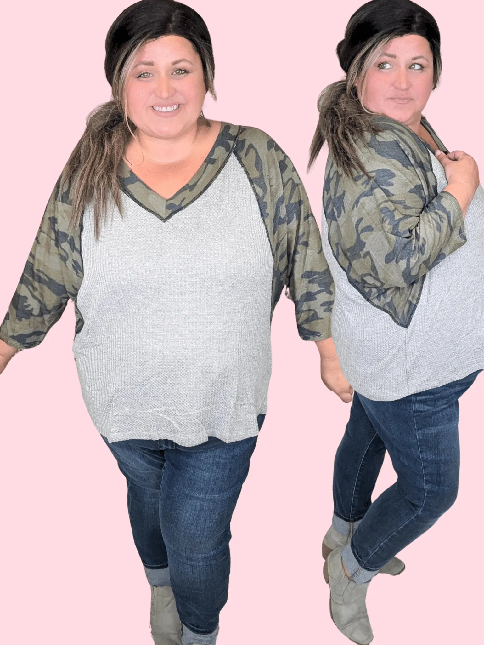 Avril Vneck Camo Sleeve Dolman w/Gray Waffle Body