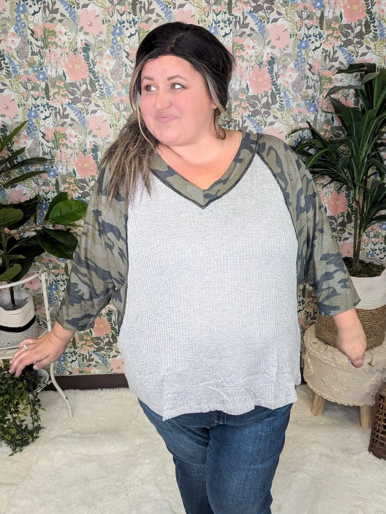 Avril Vneck Camo Sleeve Dolman w/Gray Waffle Body