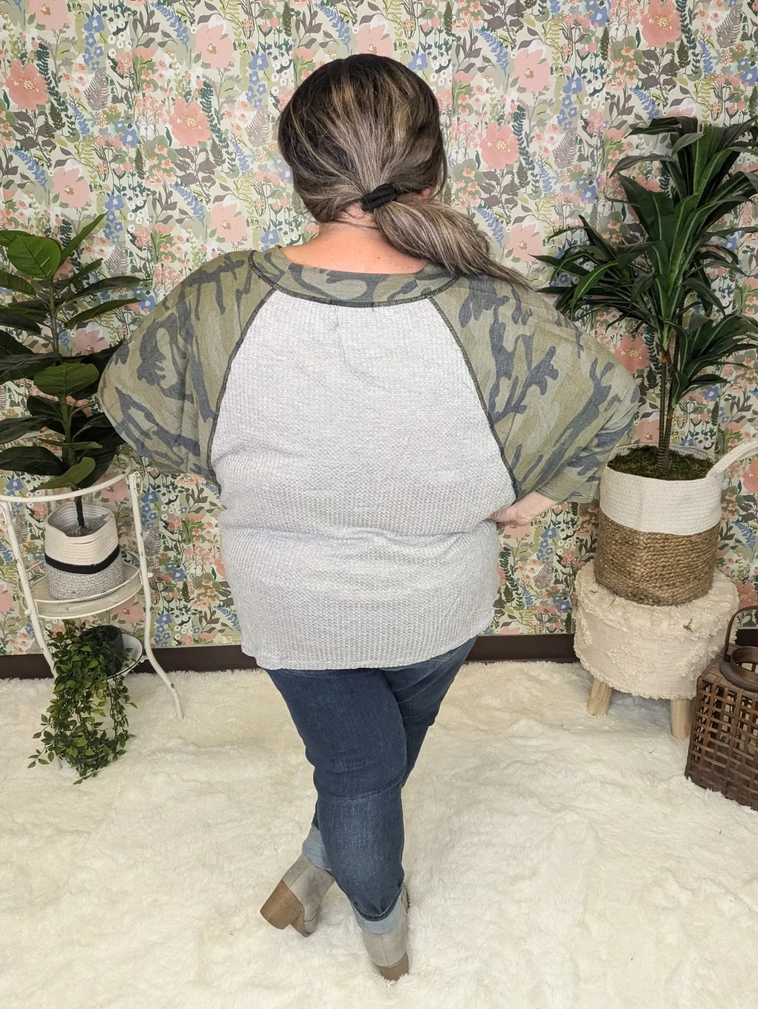 Avril Vneck Camo Sleeve Dolman w/Gray Waffle Body