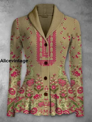 Boho Floral Print Vintage Elegant Lapel V-Neck Button Up Long Sleeve Top