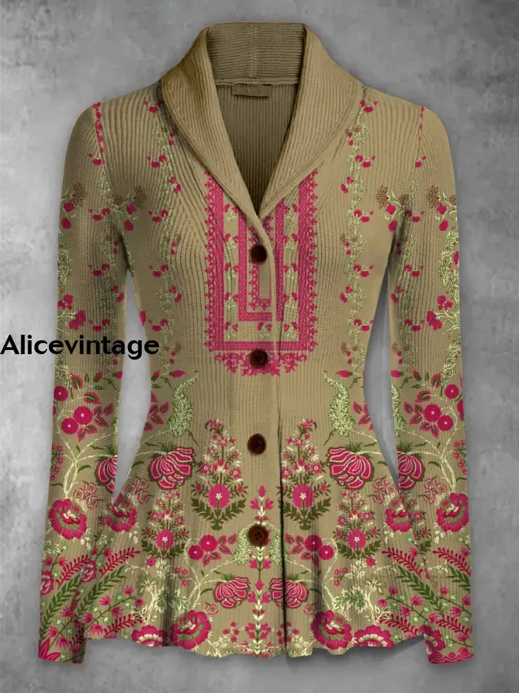 Boho Floral Print Vintage Elegant Lapel V-Neck Button Up Long Sleeve Top