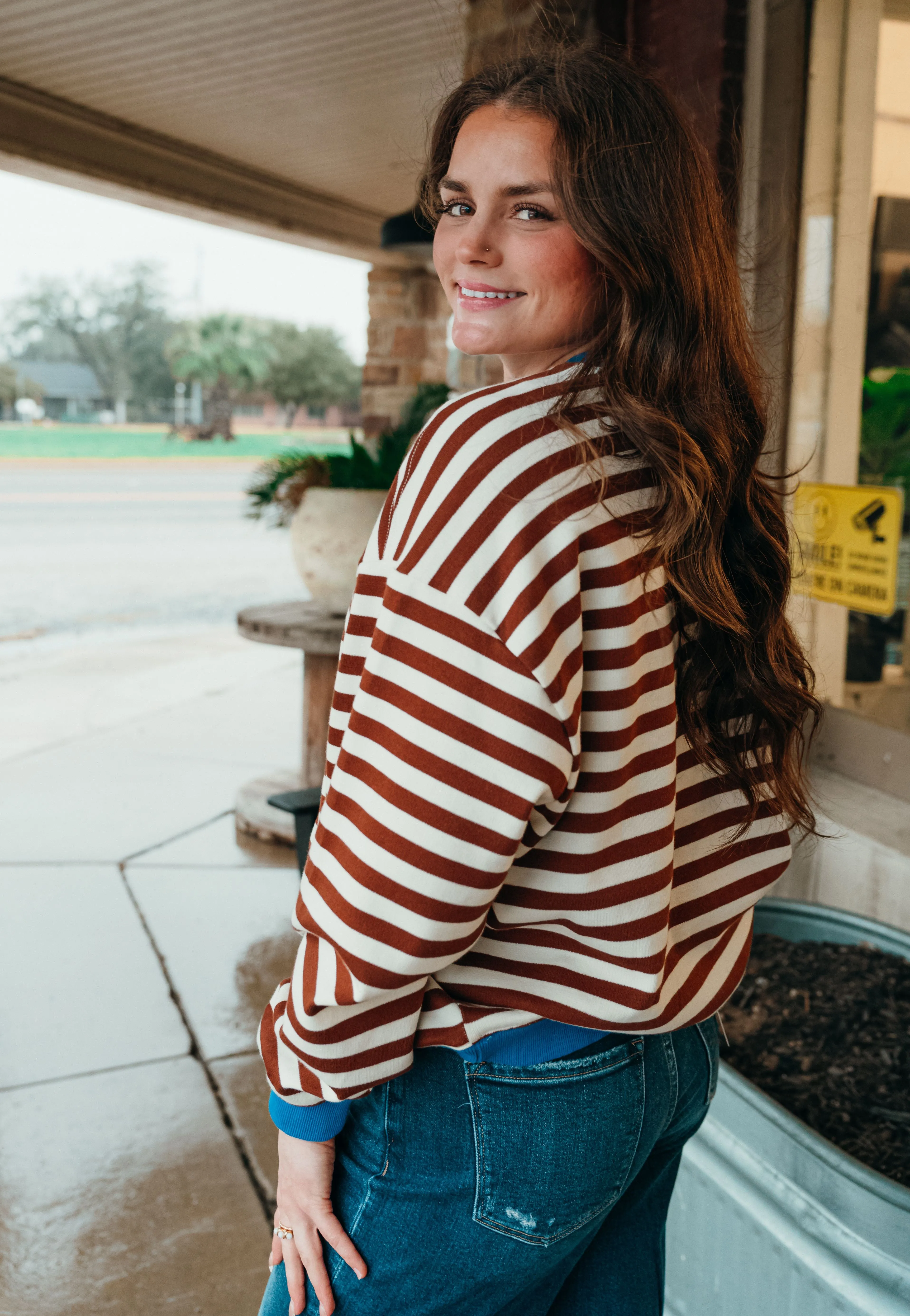 Chocolate Oversized Striped Crewneck Long Sleeve Top TBT13532
