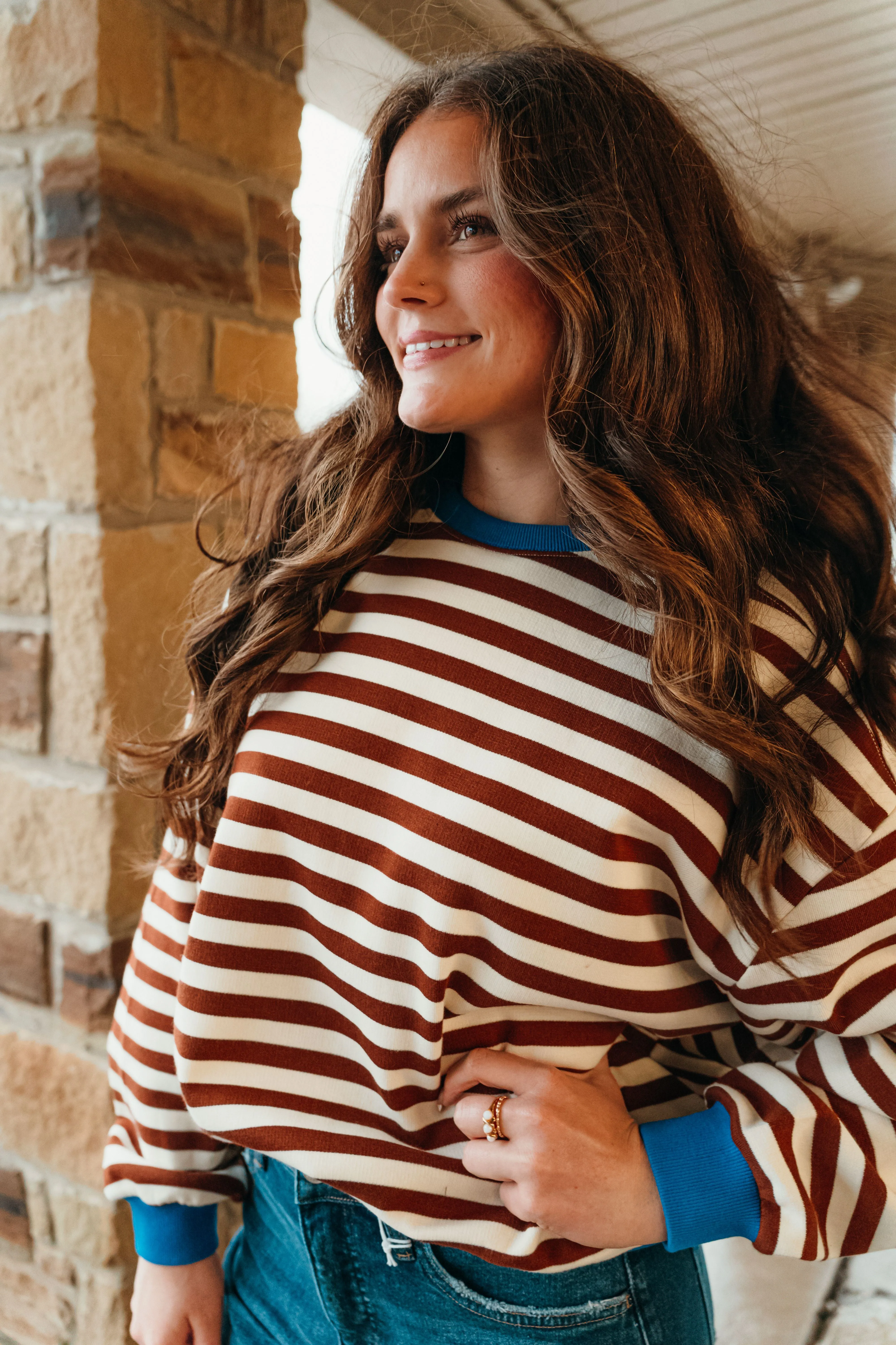 Chocolate Oversized Striped Crewneck Long Sleeve Top TBT13532