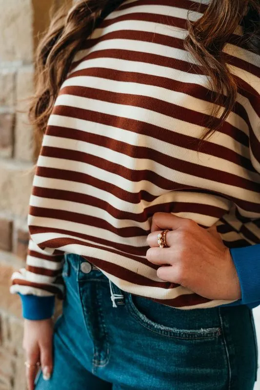 Chocolate Oversized Striped Crewneck Long Sleeve Top TBT13532