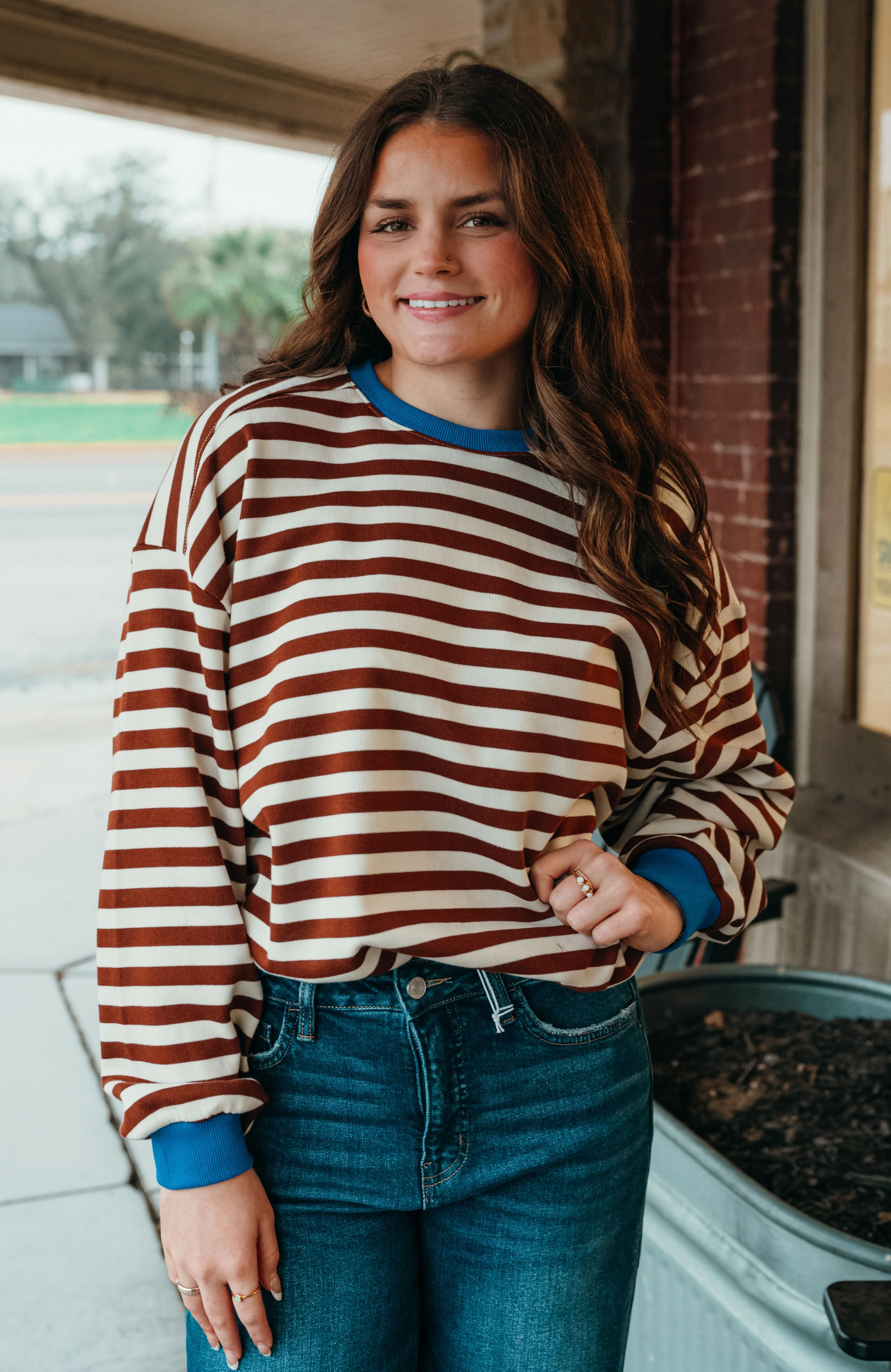Chocolate Oversized Striped Crewneck Long Sleeve Top TBT13532