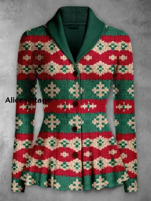 Christmas Art Print Vintage Elegant Lapel V-Neck Button Up Long Sleeve Top