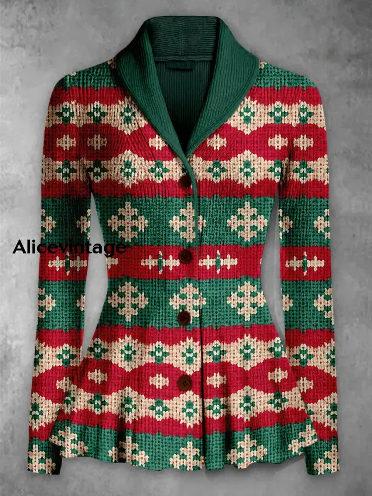 Christmas Art Print Vintage Elegant Lapel V-Neck Button Up Long Sleeve Top