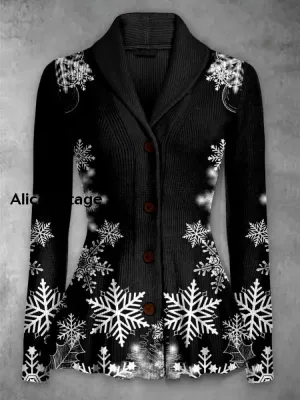 Christmas Snowflake Print Vintage Elegant Lapel V-Neck Button Up Long Sleeve Top