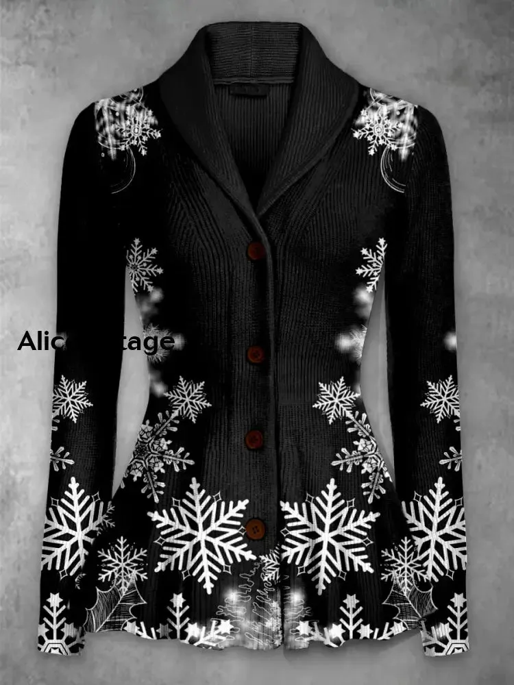 Christmas Snowflake Print Vintage Elegant Lapel V-Neck Button Up Long Sleeve Top