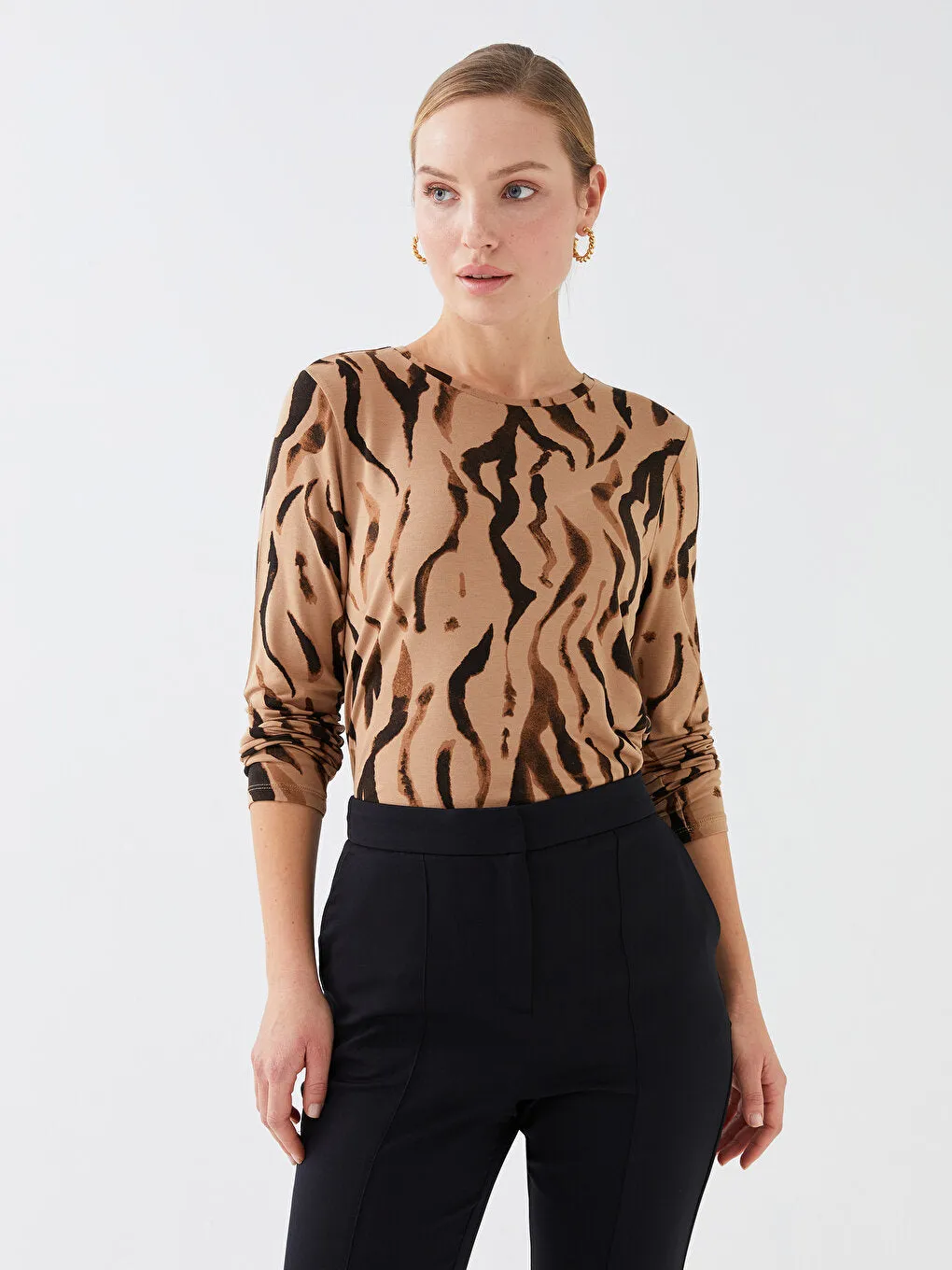 Crew Neck Patterned Long Sleeve Women's T-Shirt