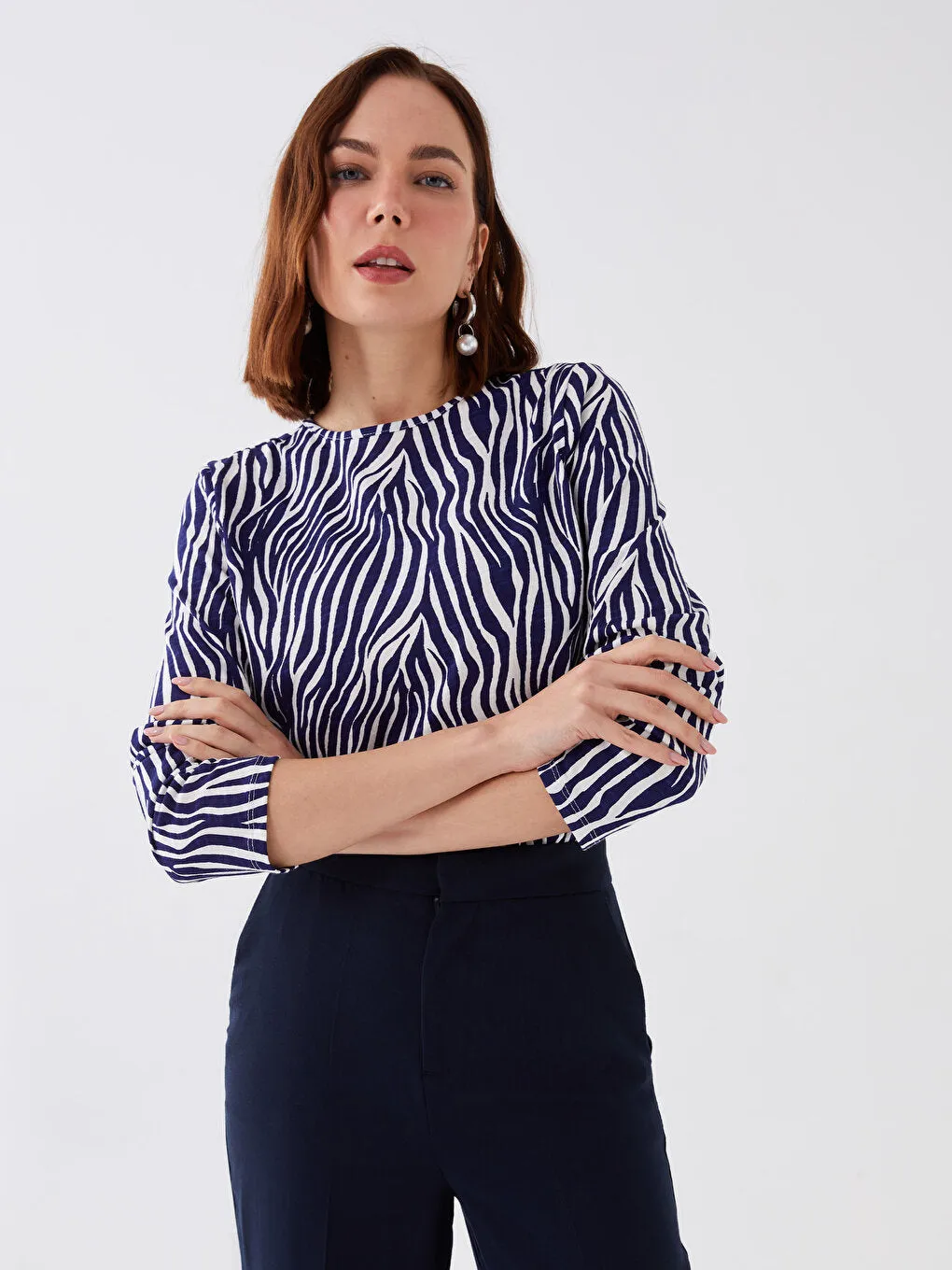 Crew Neck Patterned Long Sleeve Women's T-Shirt