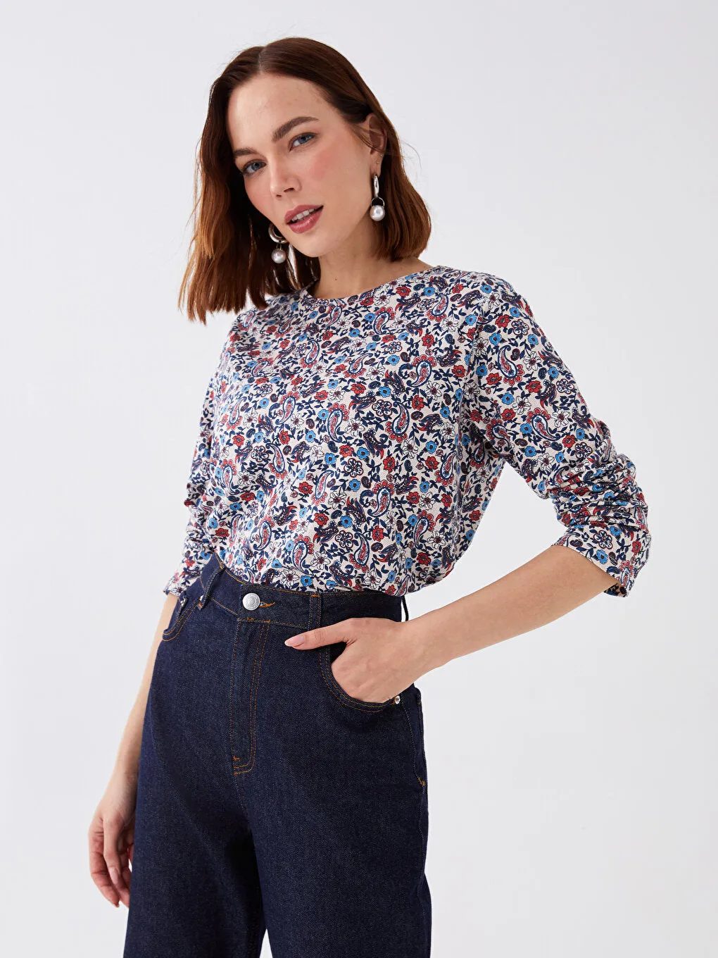 Crew Neck Patterned Long Sleeve Women's T-Shirt