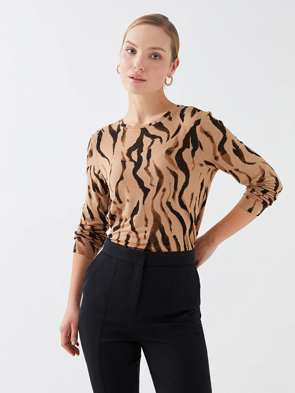 Crew Neck Patterned Long Sleeve Women's T-Shirt