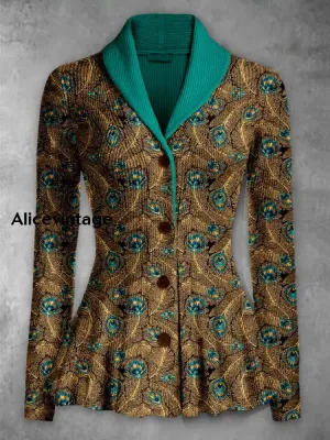 Feather Print Vintage Elegant Lapel V-Neck Button Up Long Sleeve Top