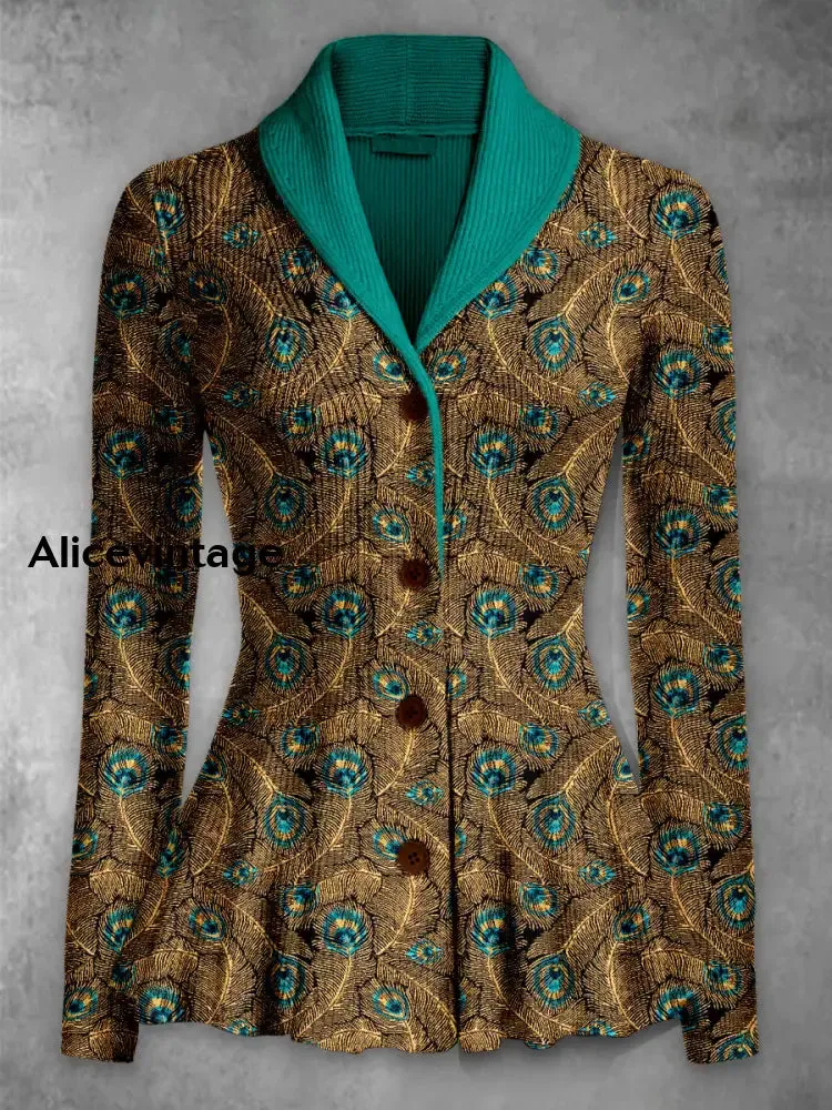 Feather Print Vintage Elegant Lapel V-Neck Button Up Long Sleeve Top