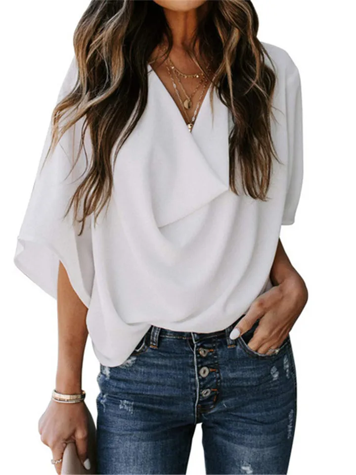 Feminine Flowy Style Cowl Neck Half Sleeve Lightweight Chiffon Pullover Tops