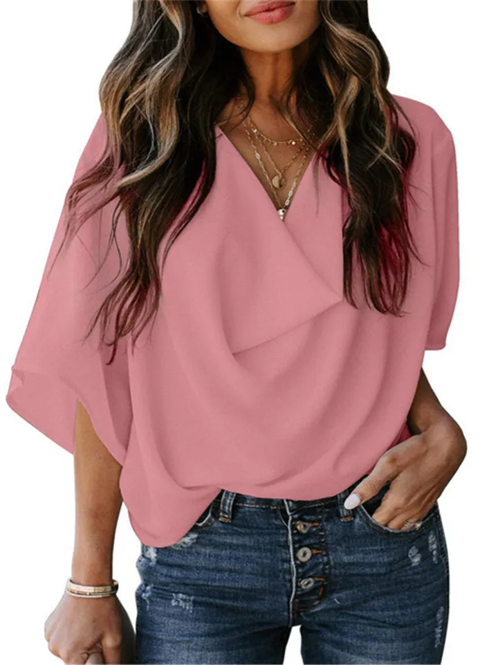Feminine Flowy Style Cowl Neck Half Sleeve Lightweight Chiffon Pullover Tops