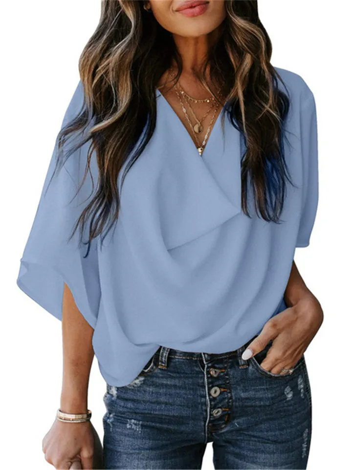 Feminine Flowy Style Cowl Neck Half Sleeve Lightweight Chiffon Pullover Tops