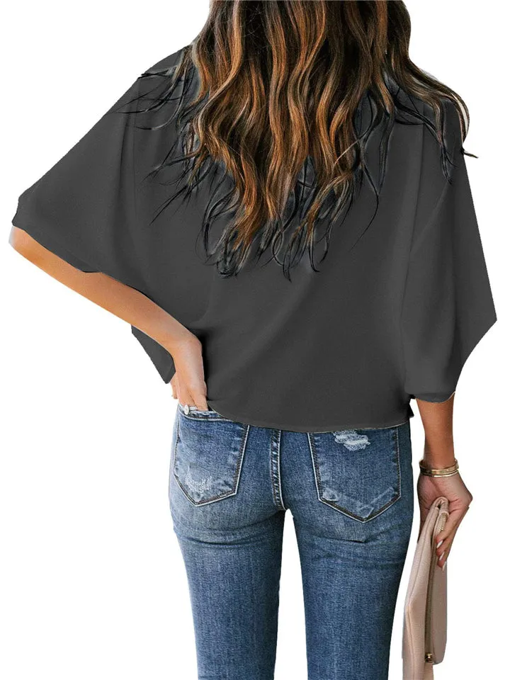 Feminine Flowy Style Cowl Neck Half Sleeve Lightweight Chiffon Pullover Tops