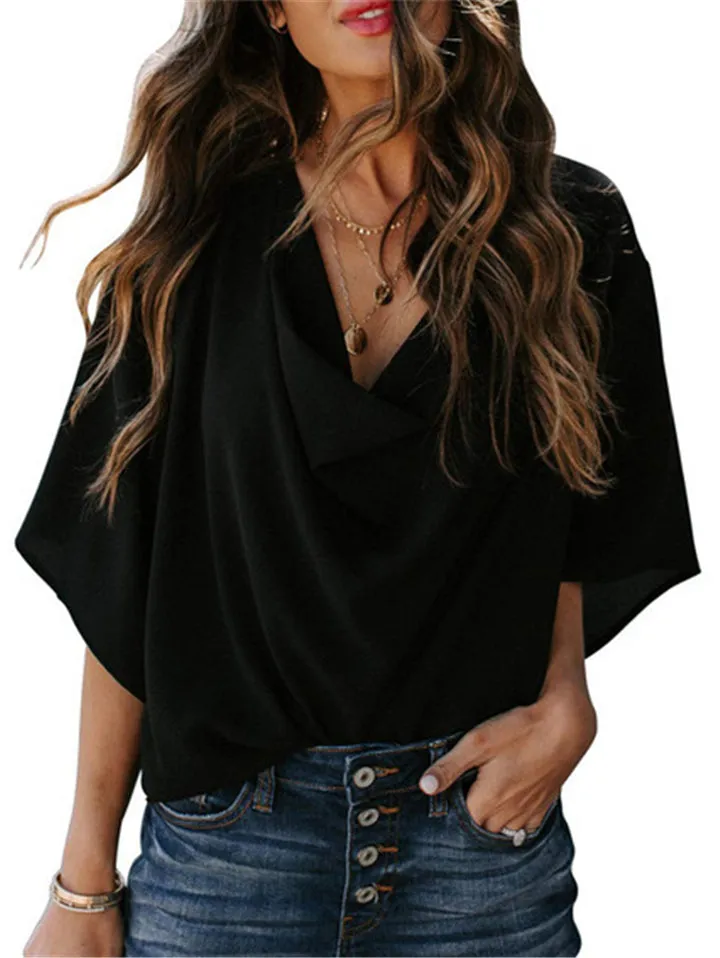 Feminine Flowy Style Cowl Neck Half Sleeve Lightweight Chiffon Pullover Tops
