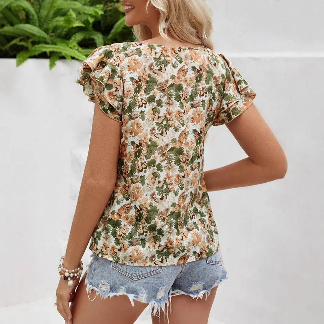 Floral Print Short Sleeve Shirt Summer Fashion Ruffled Tops Women's Clothing