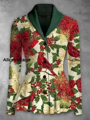 Floral Print Vintage Elegant Lapel V-Neck Button Up Long Sleeve Top