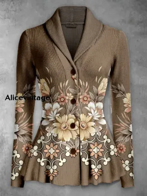 Floral Print Vintage Elegant Lapel V-Neck Button Up Long Sleeve Top