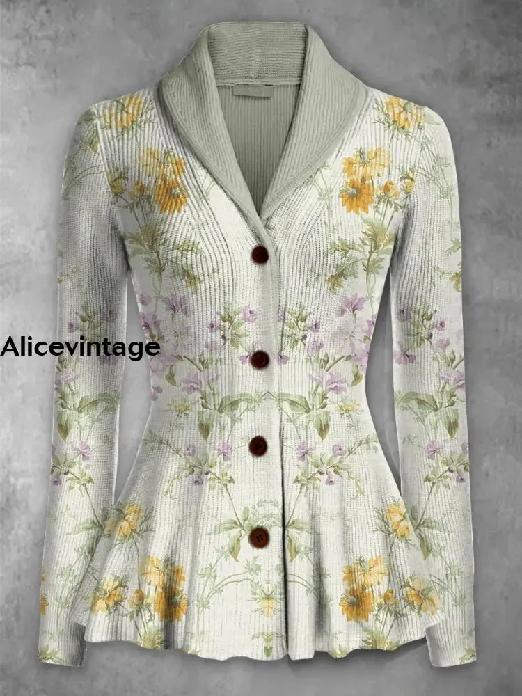 Floral Print Vintage Elegant Lapel V-Neck Button Up Long Sleeve Top
