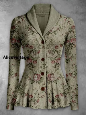Floral Print Vintage Elegant Lapel V-Neck Button Up Long Sleeve Top