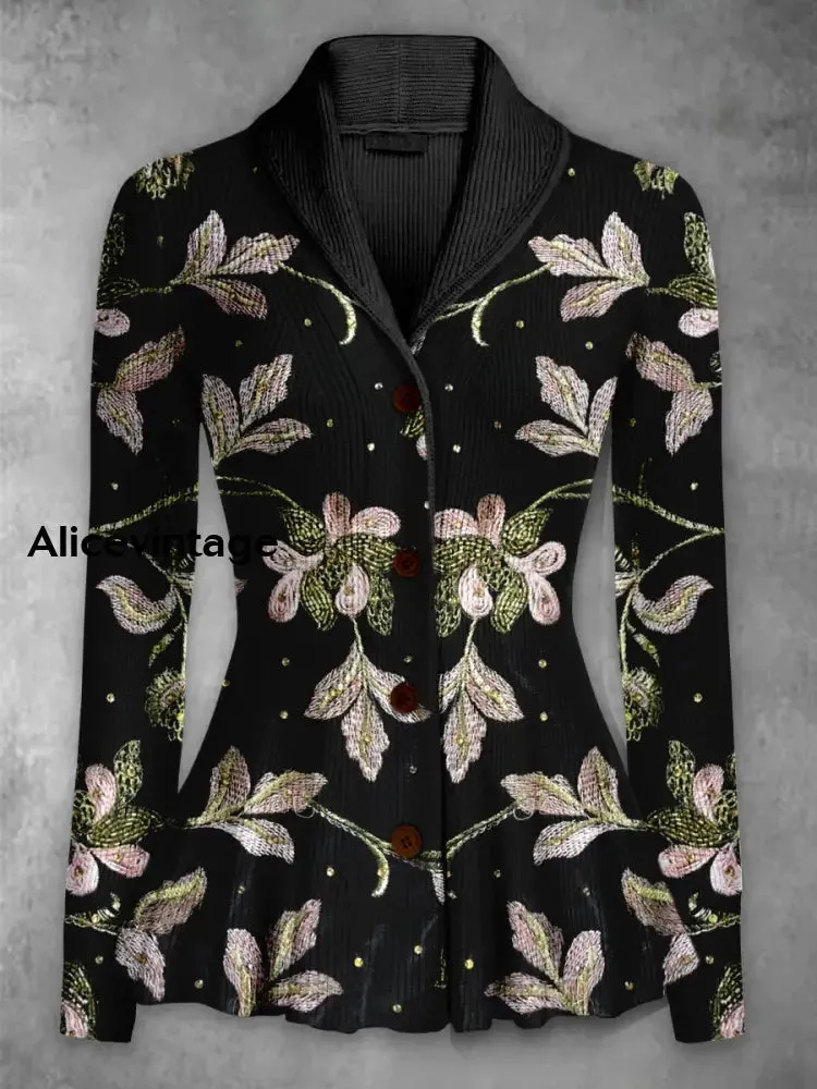 Floral Print Vintage Elegant Lapel V-Neck Button Up Long Sleeve Top