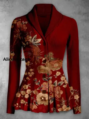 Floral Print Vintage Elegant Lapel V-Neck Button Up Long Sleeve Top