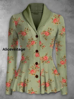 Floral Print Vintage Elegant Lapel V-Neck Button Up Long Sleeve Top