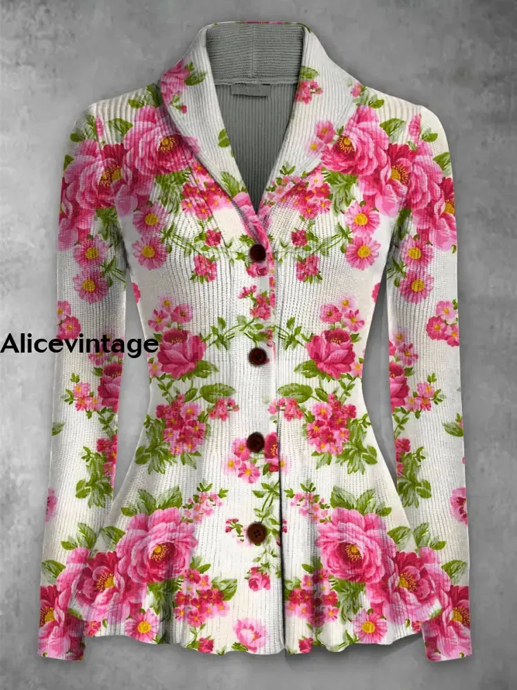 Floral Print Vintage Elegant Lapel V-Neck Button Up Long Sleeve Top