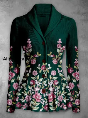 Floral Print Vintage Elegant Lapel V-Neck Button Up Long Sleeve Top