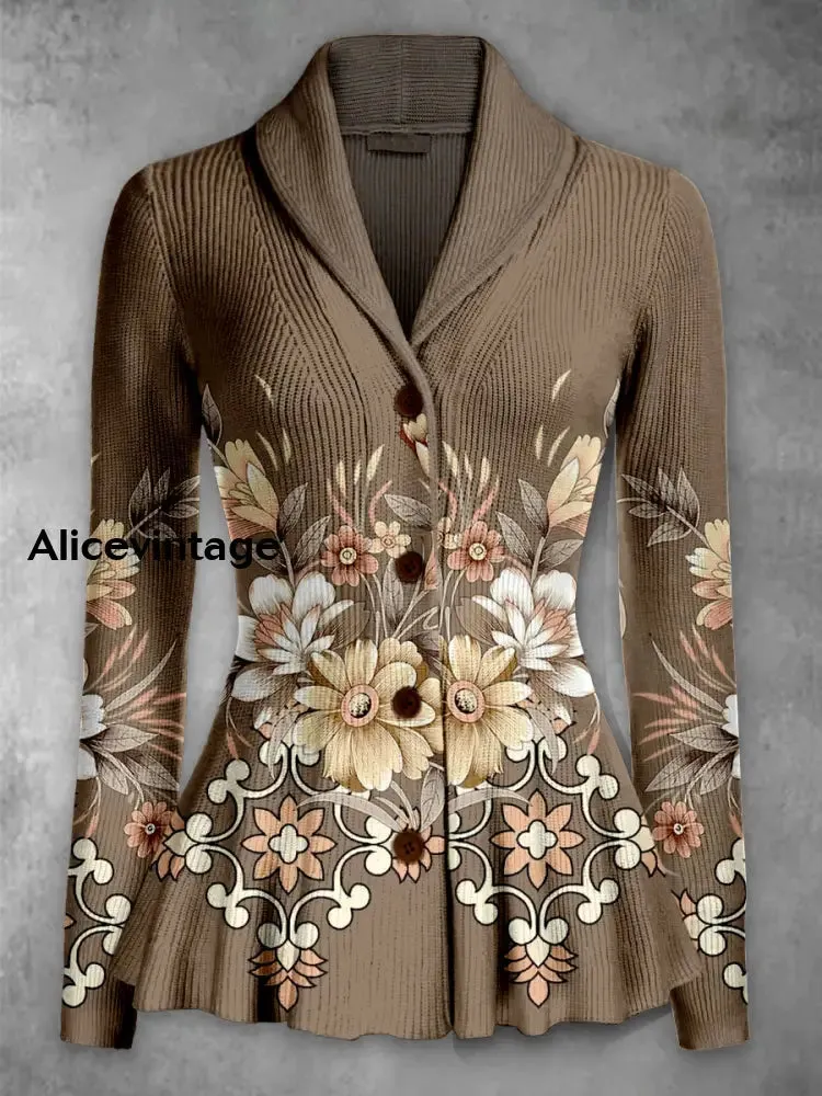 Floral Print Vintage Elegant Lapel V-Neck Button Up Long Sleeve Top