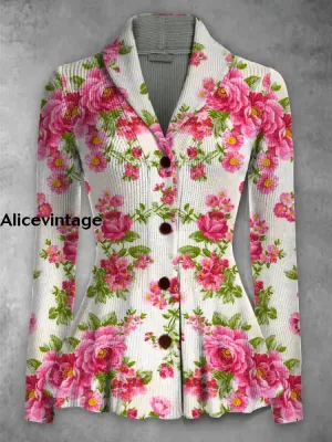 Floral Print Vintage Elegant Lapel V-Neck Button Up Long Sleeve Top