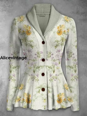 Floral Print Vintage Elegant Lapel V-Neck Button Up Long Sleeve Top