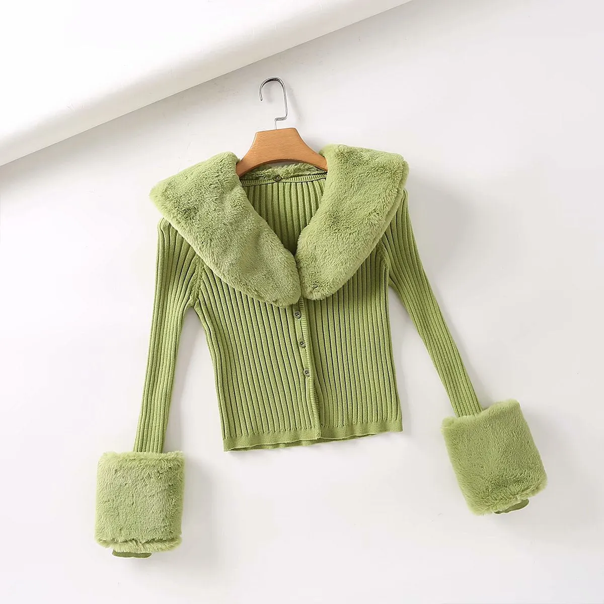 Fur Collar Sleeve Single-breasted Vintage Stripe Cardigan