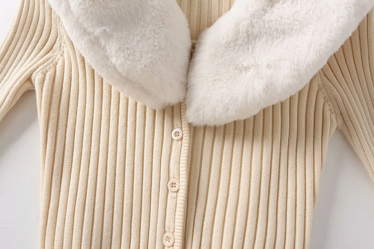 Fur Collar Sleeve Single-breasted Vintage Stripe Cardigan